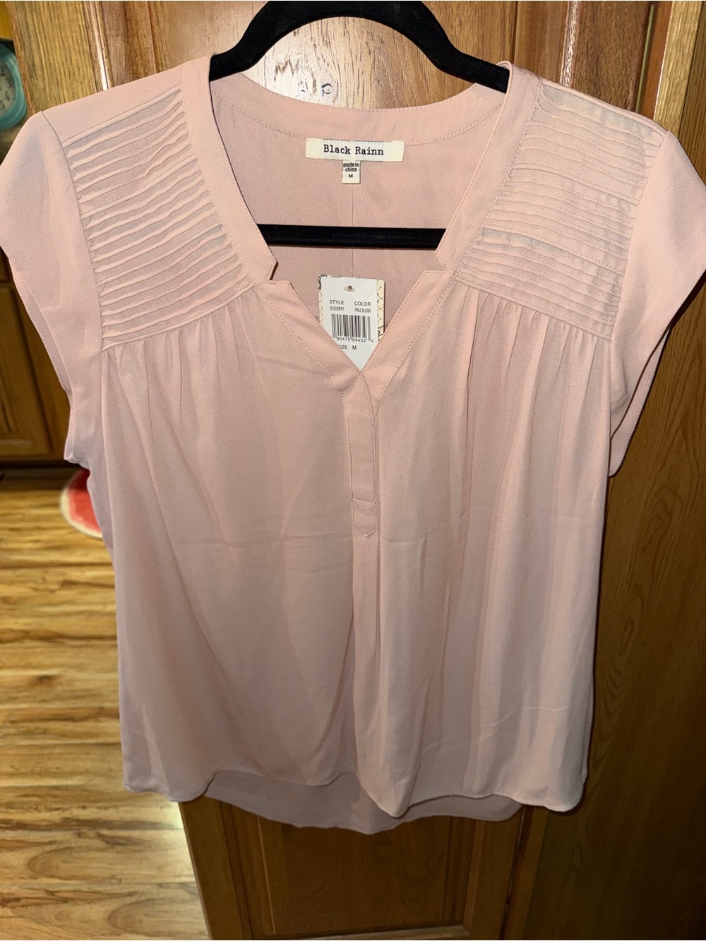 Black Rainn Blush Pink Pleated Yoke V-Neck Blouse